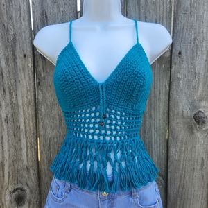 Dark Turquoise Blue Crochet Halter Top, Boho, Festival.  💕Size S/M